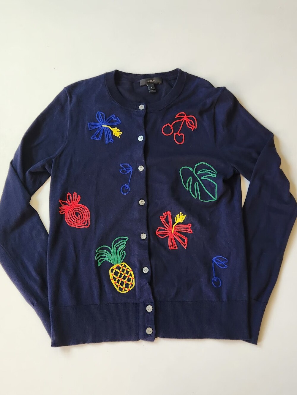 J. Crew Navy Embroidered Fruit & Floral Crewneck Cardigan